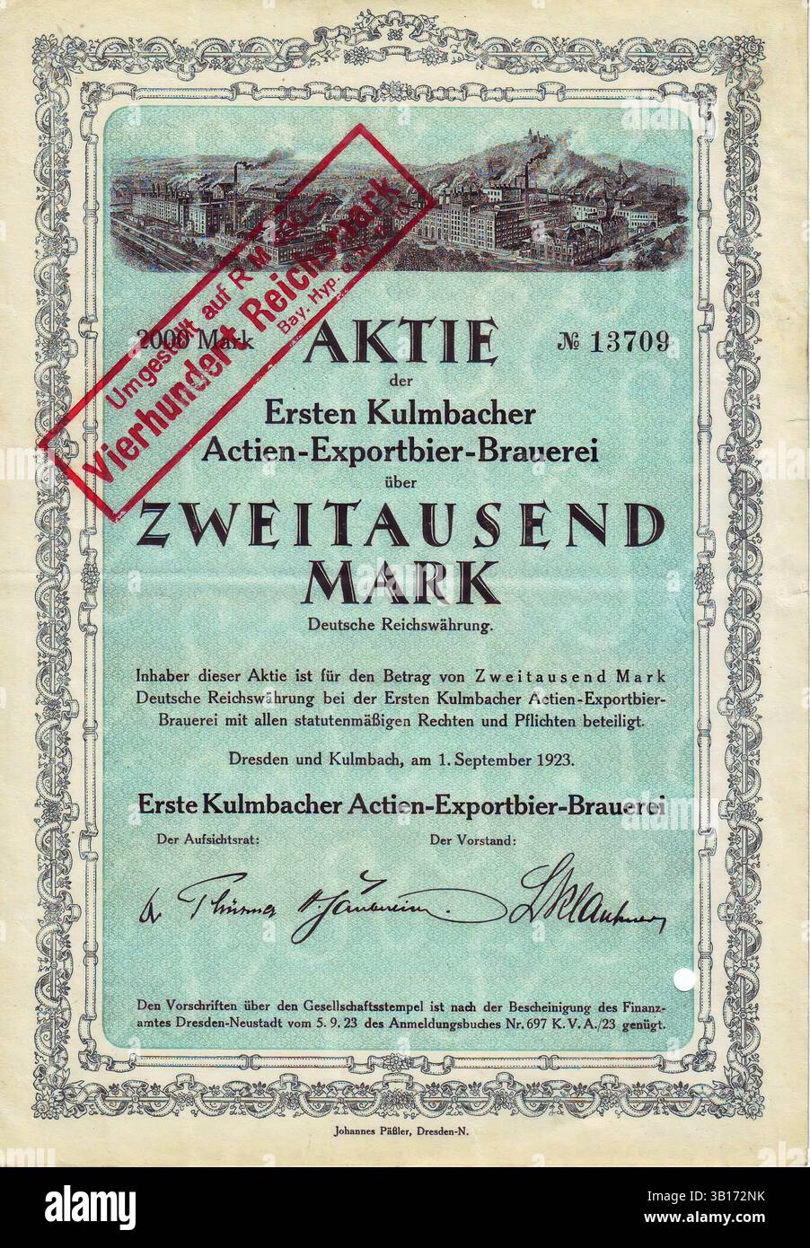 Part du premier Kulmbacher Aktienbrauerei de 1920 pour 2000 Marks, surimprimé avec converti en 400 Reichsmarks, Kulmbach, haute-Franconie, Bavière, Allemagne, reproduction d'un original de cette époque, historique, amélioré numériquement Banque D'Images