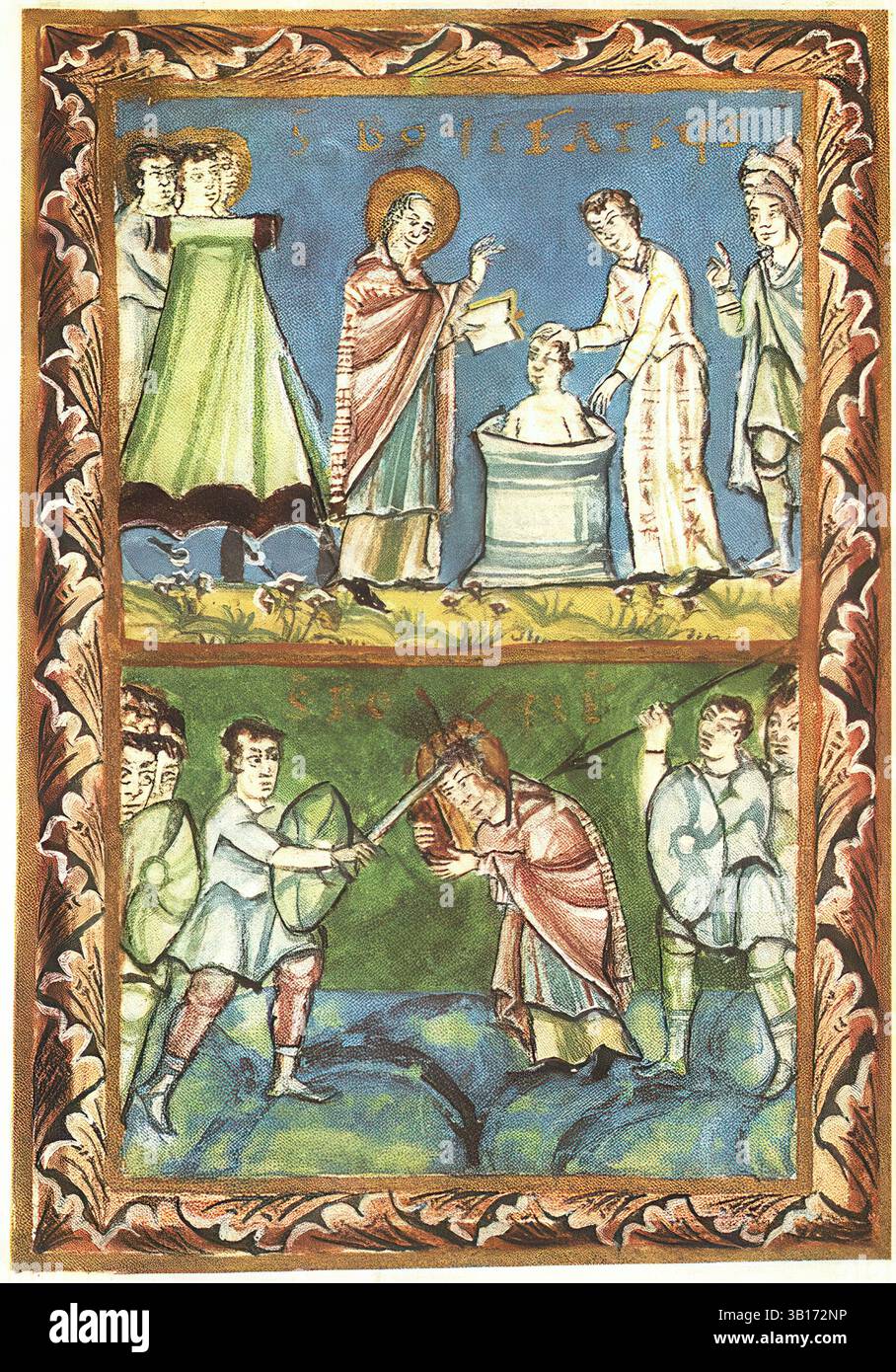 Le sacramentaire Fulda du XIe siècle représentant des scènes de la vie de Boniface, Fulda, Allemagne, reproduction d'un modèle de cette époque, historique, rehaussé numériquement Banque D'Images