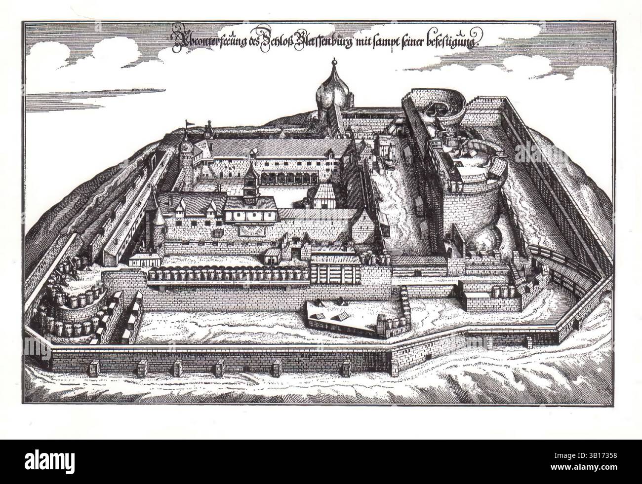 Le château de Plassenburg à Kulmbach au XVIe siècle, Merian, haute-Franconie, Bavière, Allemagne, reproduction d'une période originale, historique, améliorée numériquement Banque D'Images