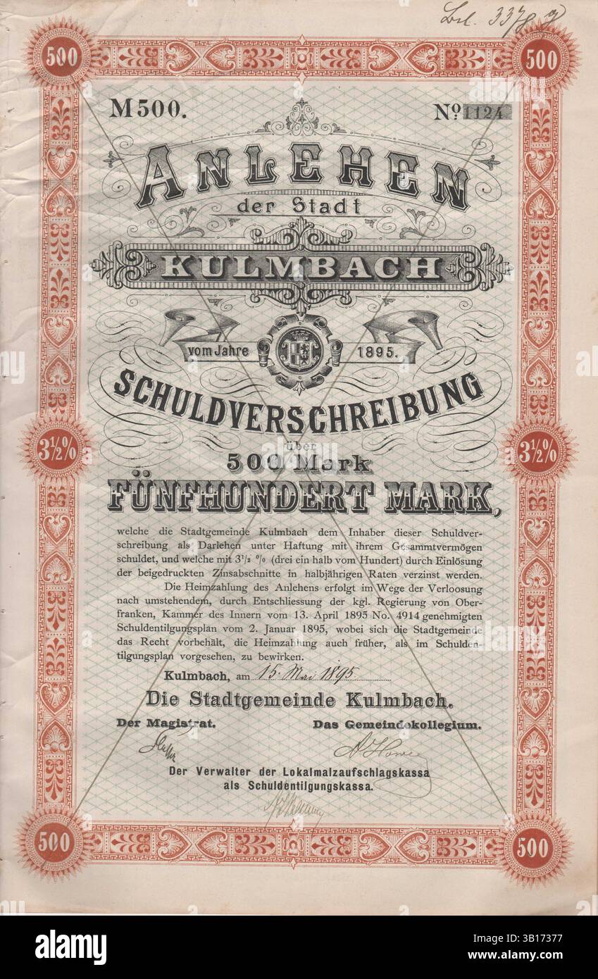 Obligation de la ville de Kulmbach pour 500 marks, débenture vers 1895, haute-Franconie, Bavière, Allemagne, reproduction d'un modèle de cette époque, historique, amélioré numériquement Banque D'Images