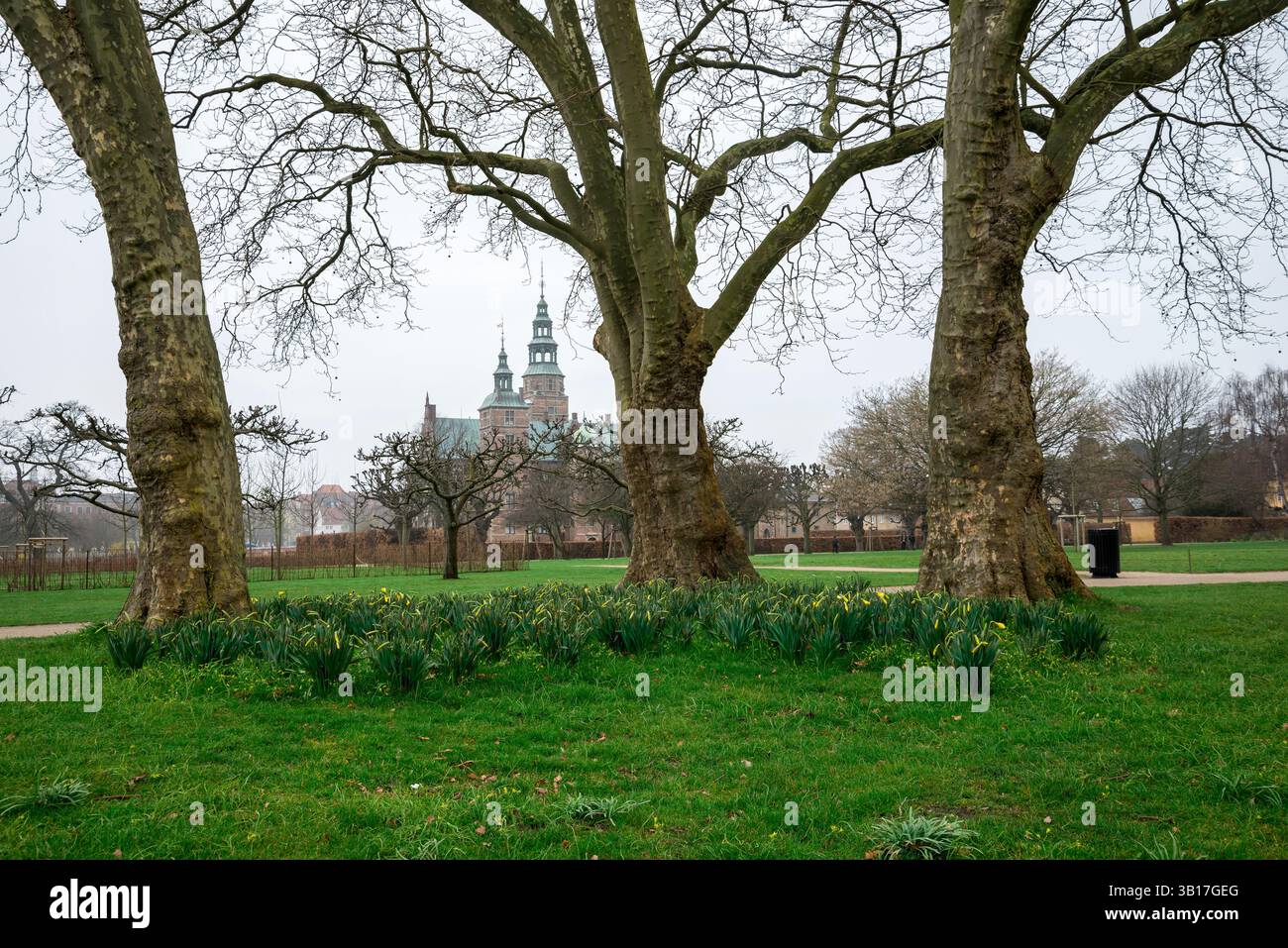 Une pelouse avec de belles fleurs de tulipes en fleurs dans un parc avec le château de Rosenborg sur fond, Copenhague, Danemark, 16 avril 2018 Banque D'Images