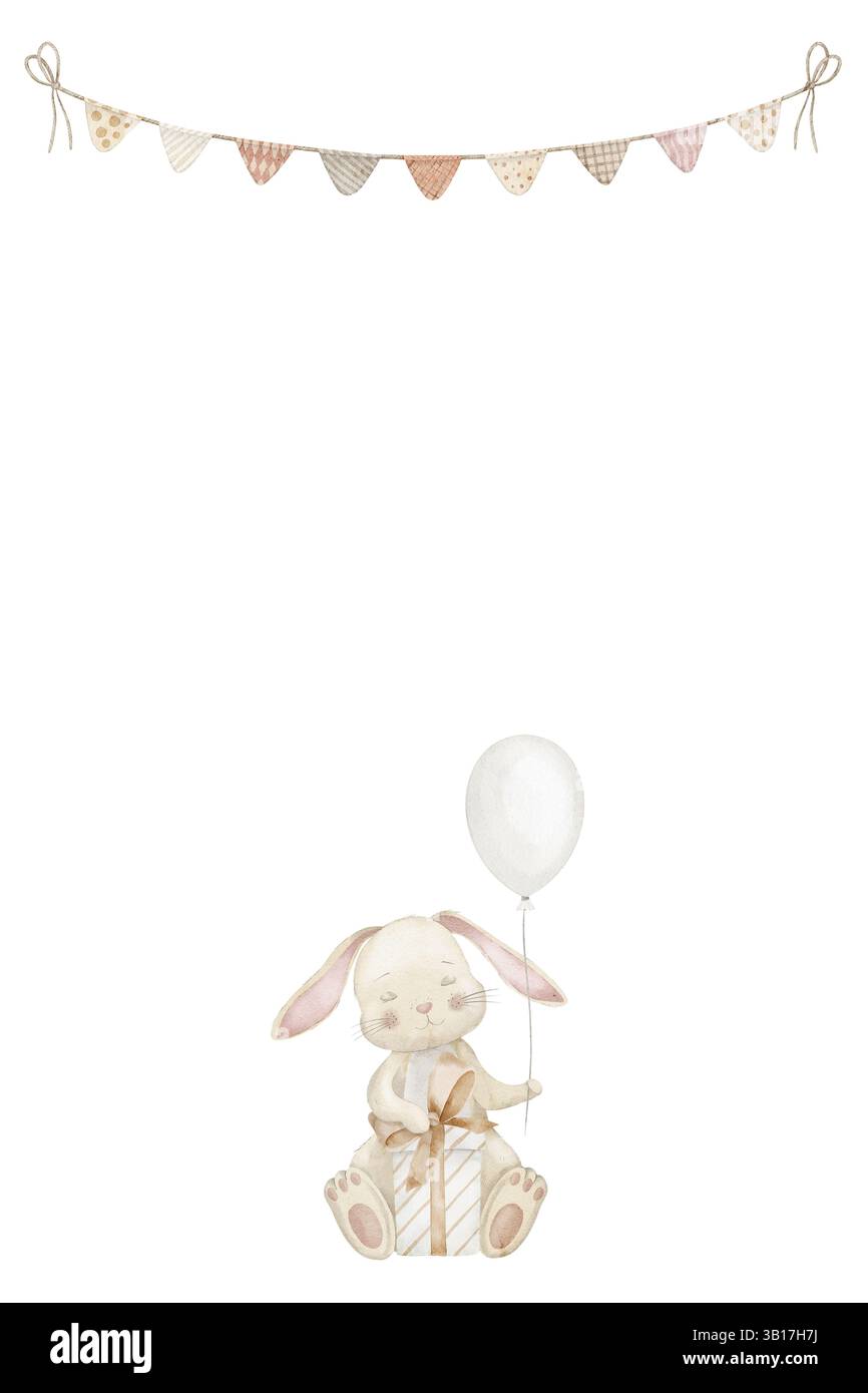 Illustration aquarelle d'un lapin tenant un ballon et une boîte cadeau. Modèle avec lapin mignon pour carte de voeux de douche de bébé ou invitations enfantines dans des couleurs beige pastel. Bordure avec lièvre pour affiche. Banque D'Images