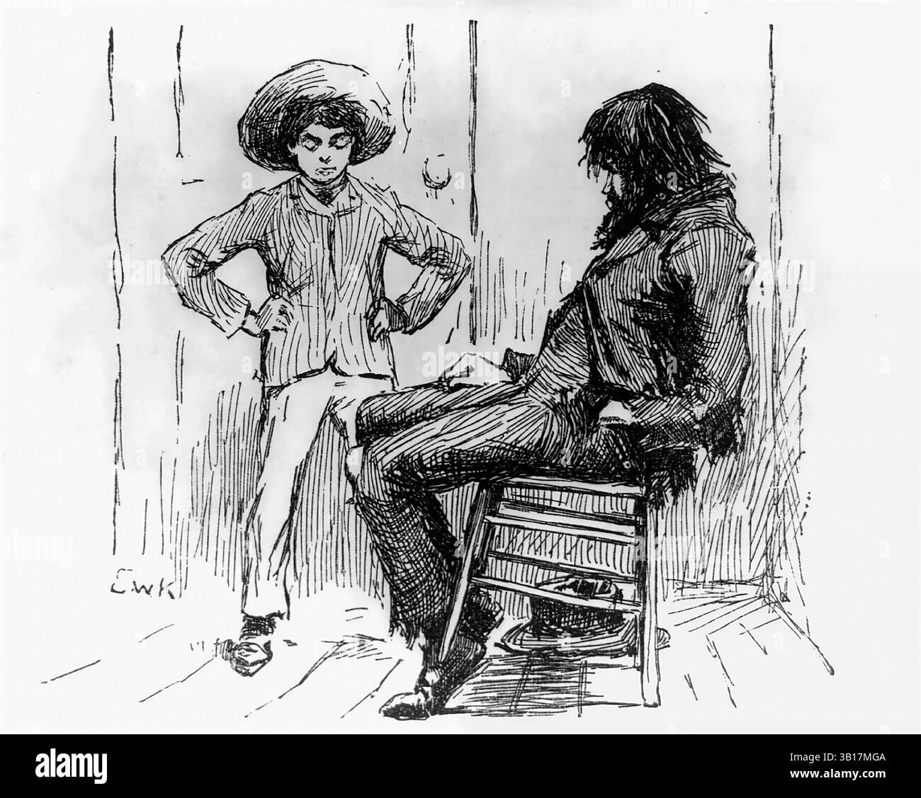 Huckleberry Finn. Illustration par E W Kemble tirée d'une édition originale de 'les aventures de Huckleberry Finn' par Mark Twain, intitulée 'Huck et son père', publiée en 1884 Banque D'Images