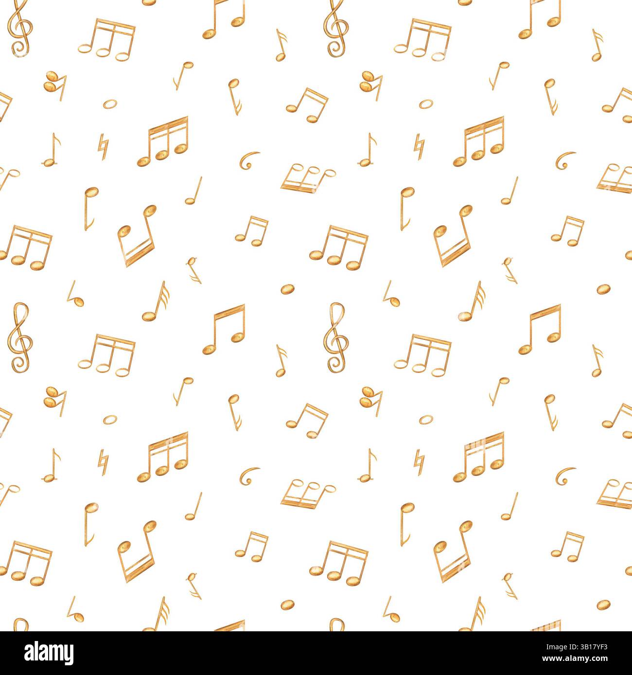 Aquarelle jaune doré notes de musique sans couture motif isolé fond. Illustration de symboles musicaux peints à la main pour le programme de concert, stat premium Banque D'Images