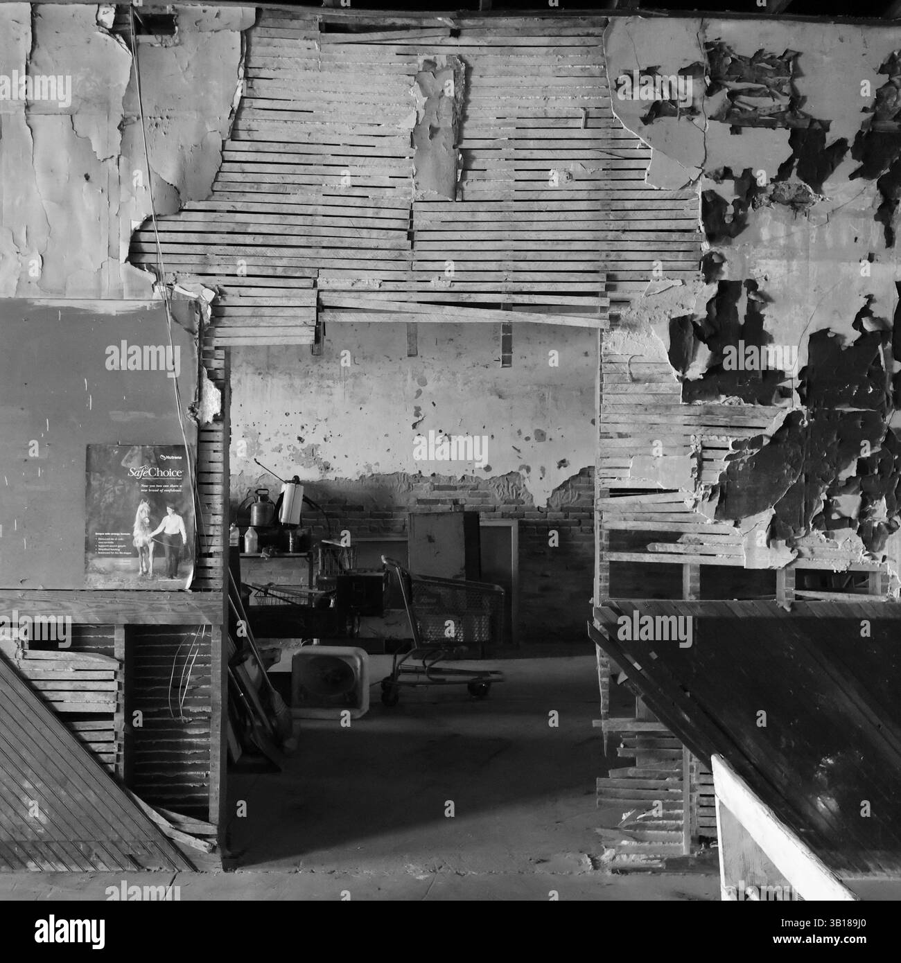 construction murale en plâtre et en bois en décomposition en noir et blanc Banque D'Images