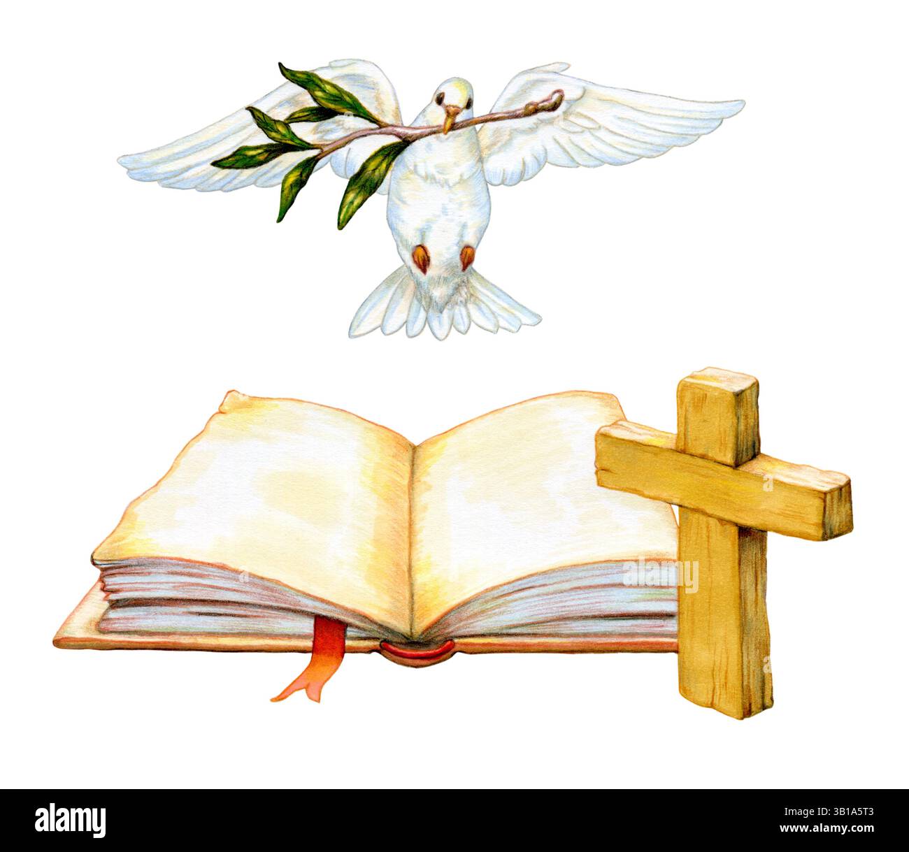 Composition d'un livre ouvert, d'une croix chrétienne et d'une colombe tenant un brach d'olive dans son bec. Illustration traditionnelle sur papier, ma propre œuvre Banque D'Images