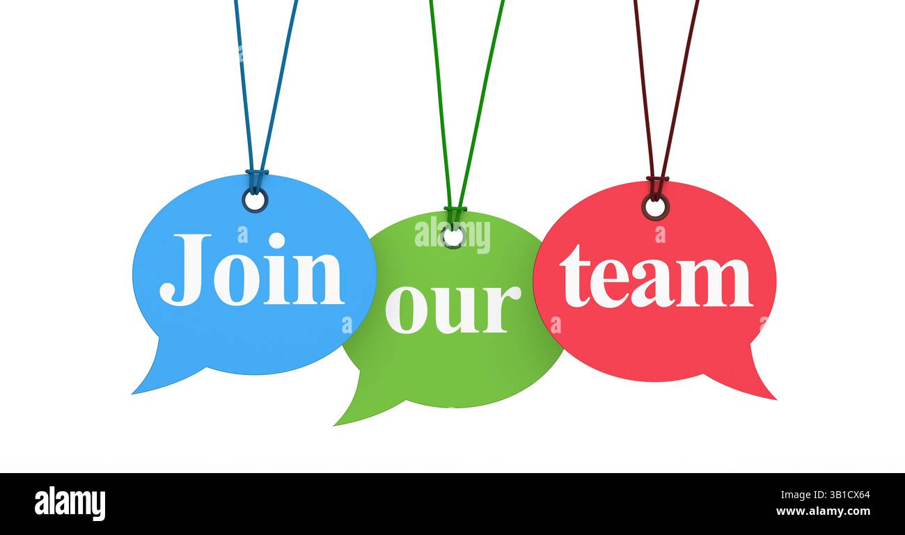 Rejoignez notre équipe signe sur les bulles de discours suspendues colorées, opportunité d'emploi et concept de recrutement d'affaires illustration 3D sur fond blanc. Banque D'Images