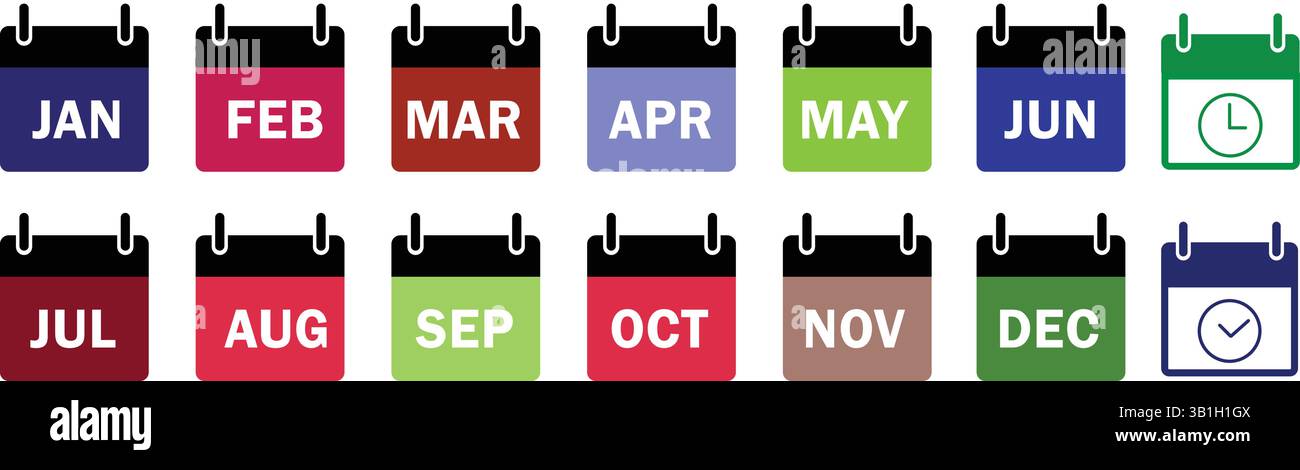 Icônes de calendrier colorées pour tous les 12 mois - Flat Vector Design Set Illustration de Vecteur