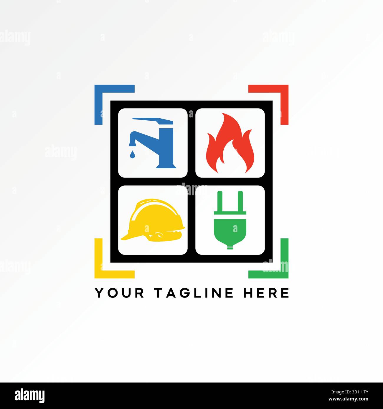 Conception de logo concept graphique créatif premium vecteur image stock top vendre modèle robinet d'eau casque feu flammes plug maison plomberie service électrique Illustration de Vecteur