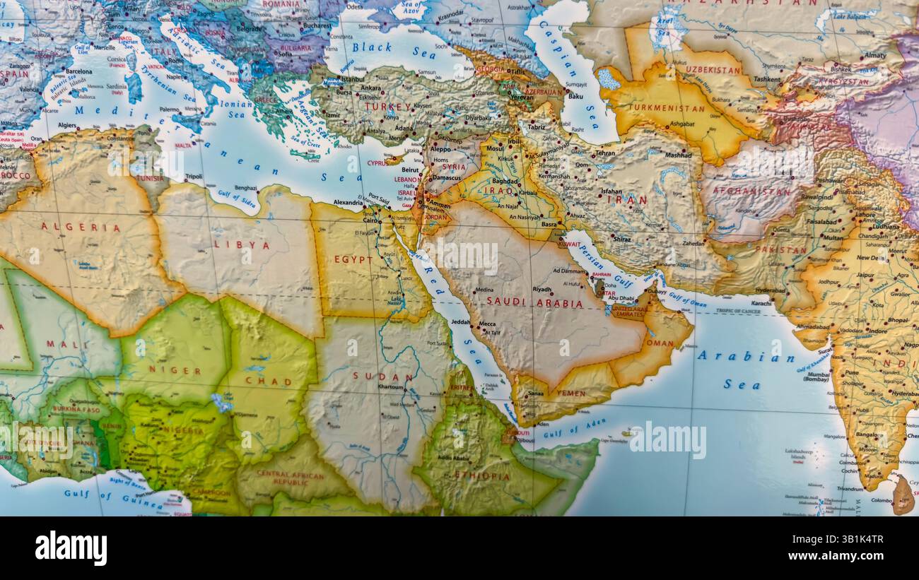 Vue rapprochée de la carte géographique du moyen-Orient. Banque D'Images