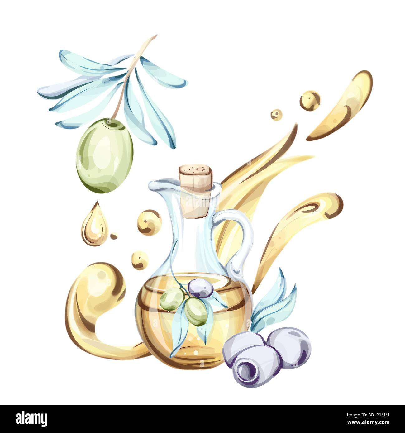 Olives et huile d'olive capturées dans une belle illustration aquarelle mettant l'accent sur la cuisine italienne et la nature Illustration de Vecteur