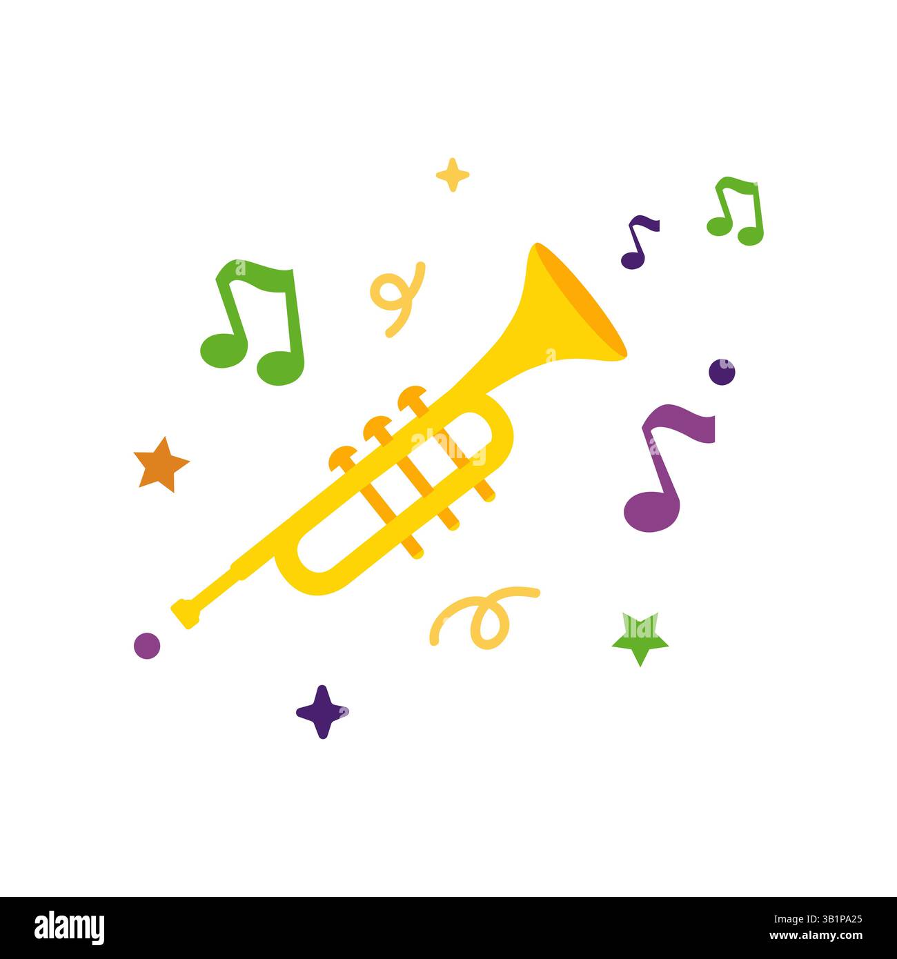 Trompette jaune vif entourée de notes musicales vert violet orange et jaune pour Fun Music and Celebration Theme Illustration de Vecteur