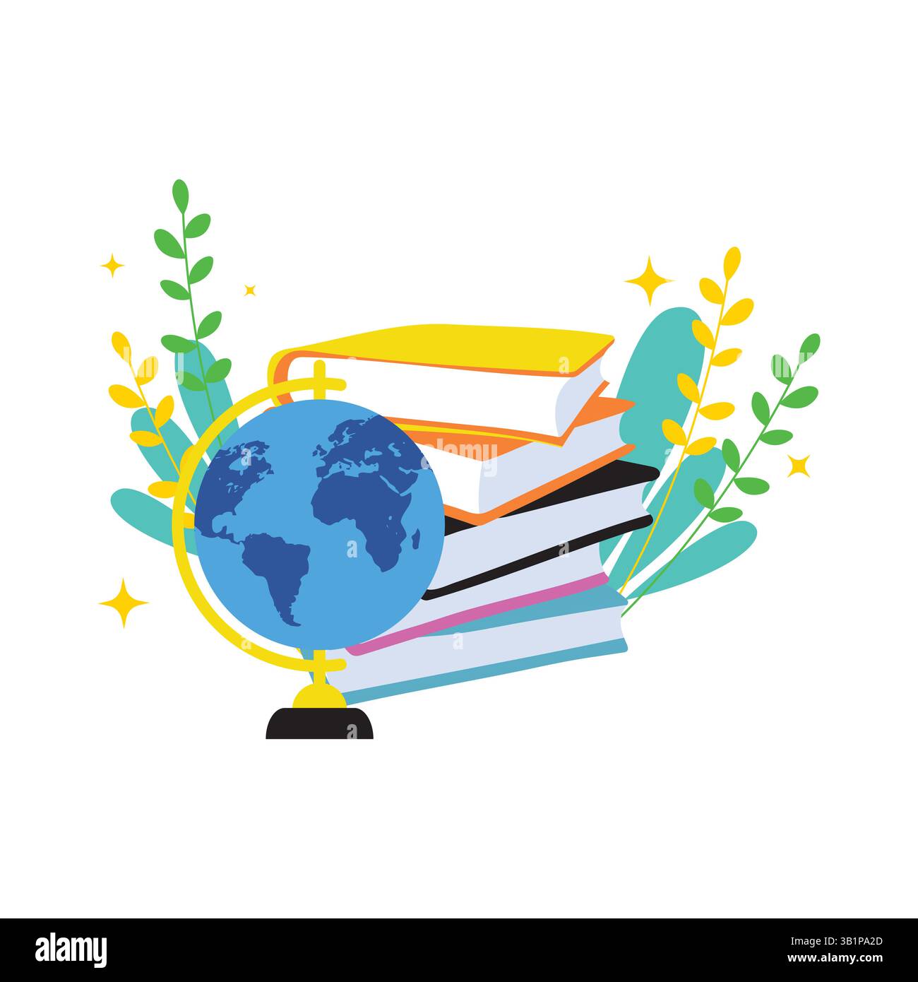 Livres jaune vif et orange empilés avec Blue Globe pour l'apprentissage global Illustration de Vecteur