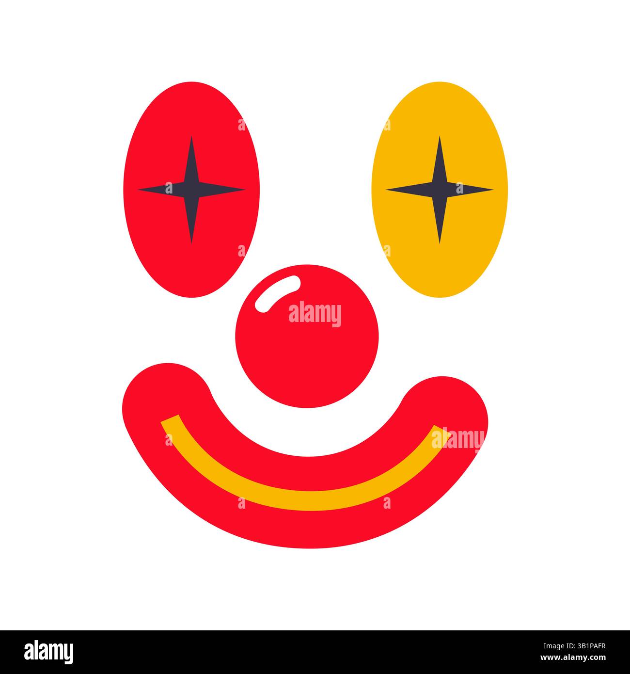 Drôle de visage de clown avec des yeux rouges et jaunes, nez et sourire pour le plaisir de la fête Illustration de Vecteur