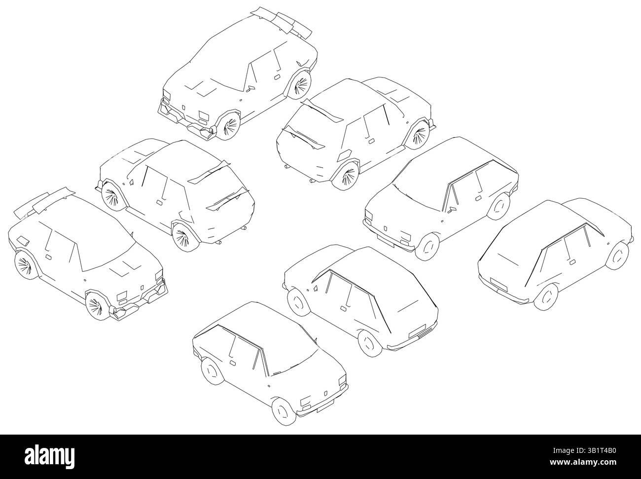 Un dessin d'une rangée de voitures avec la première voiture étant un petit hayon. Les autres voitures sont toutes de tailles et de formes différentes. Vue isométrique Illustration de Vecteur