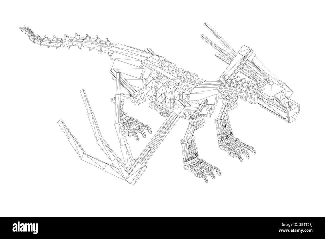 Un squelette de dragon est dessiné en noir et blanc. Le squelette est représenté en position de marche, avec ses ailes déployées. Concept de mouvement et fr Illustration de Vecteur