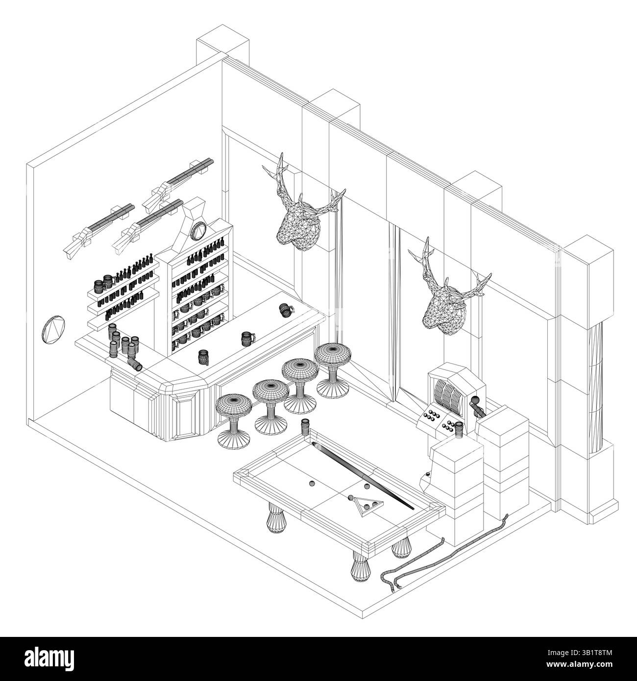 Un dessin d'un bar avec un comptoir et quelques tabourets. Il y a deux têtes de cerfs sur le mur. Vue isométrique Illustration de Vecteur