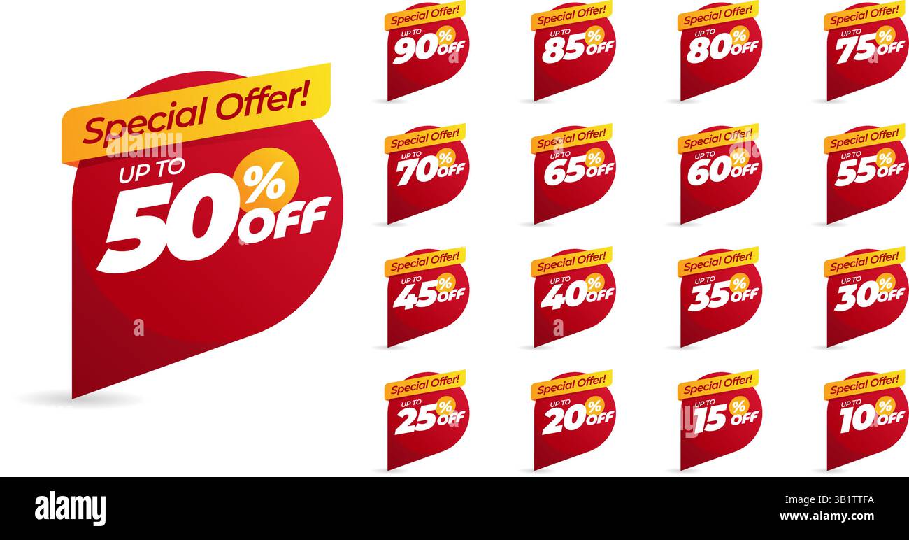 Offre spéciale avec une valeur différente pour cent de réduction. 90, 85, 80, 75, 70, 65, 60, 55, 50, 45, 40, 35, 30, 25, 20, 15, 10 % de réduction du prix Illustration de Vecteur