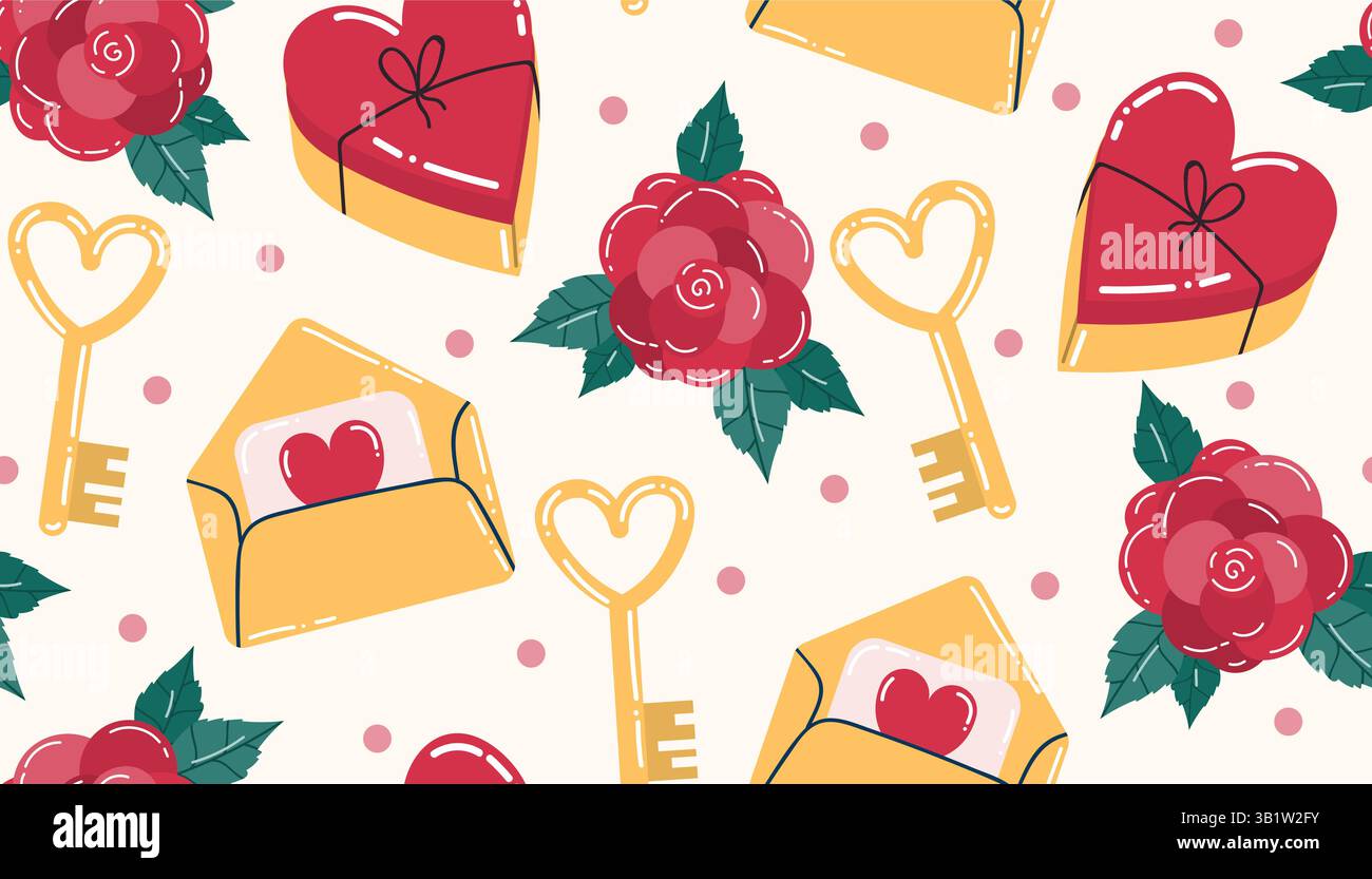 Joli motif sans couture Valentines avec boîte à bonbons coeur et enveloppe, clé en forme de coeur et fleurs de rose, pois. Papier cadeau de bonne Saint Valentin en fl Illustration de Vecteur