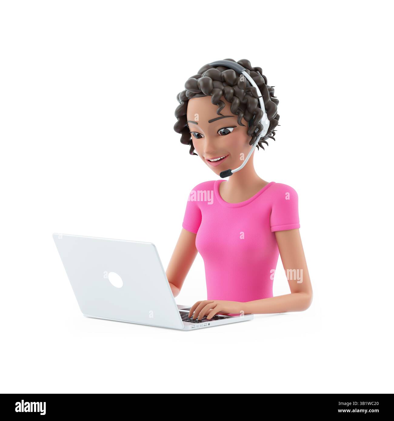 3d belle femme avec casque travaillant sur ordinateur portable, illustration isolée sur fond blanc Banque D'Images