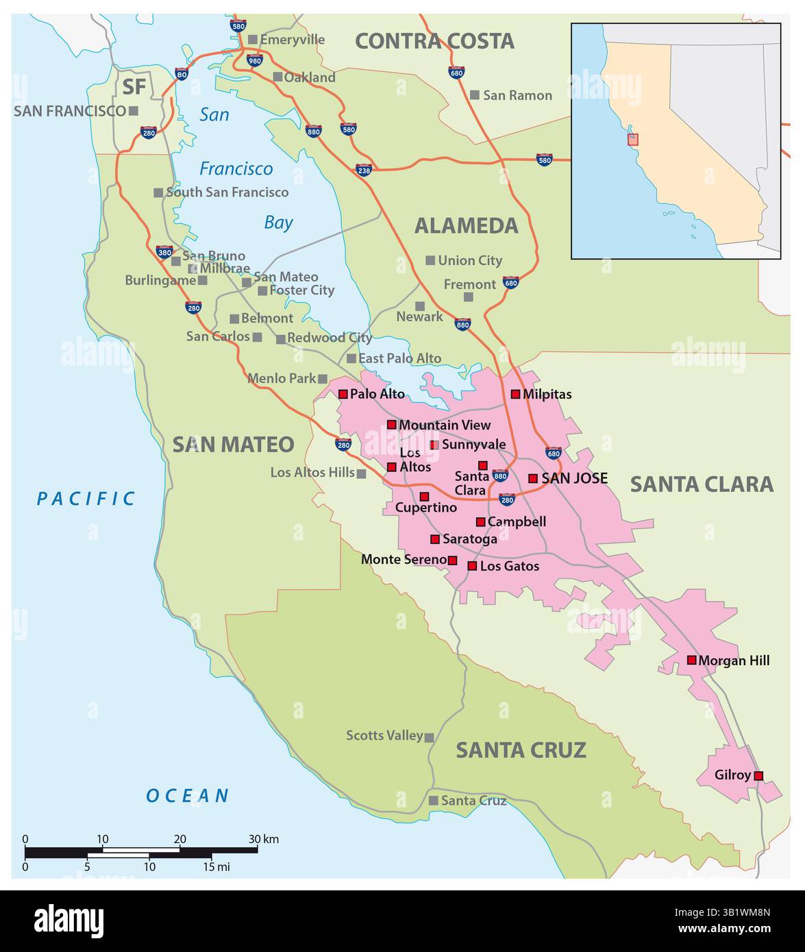 Carte vectorielle de la Silicon Valley californienne, États-Unis Banque D'Images