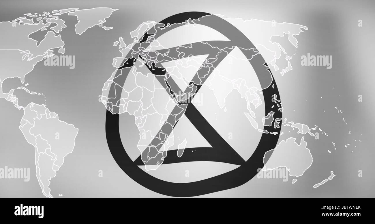 Image du signe de rébellion d'extinction sur la carte du monde sur fond gris Banque D'Images