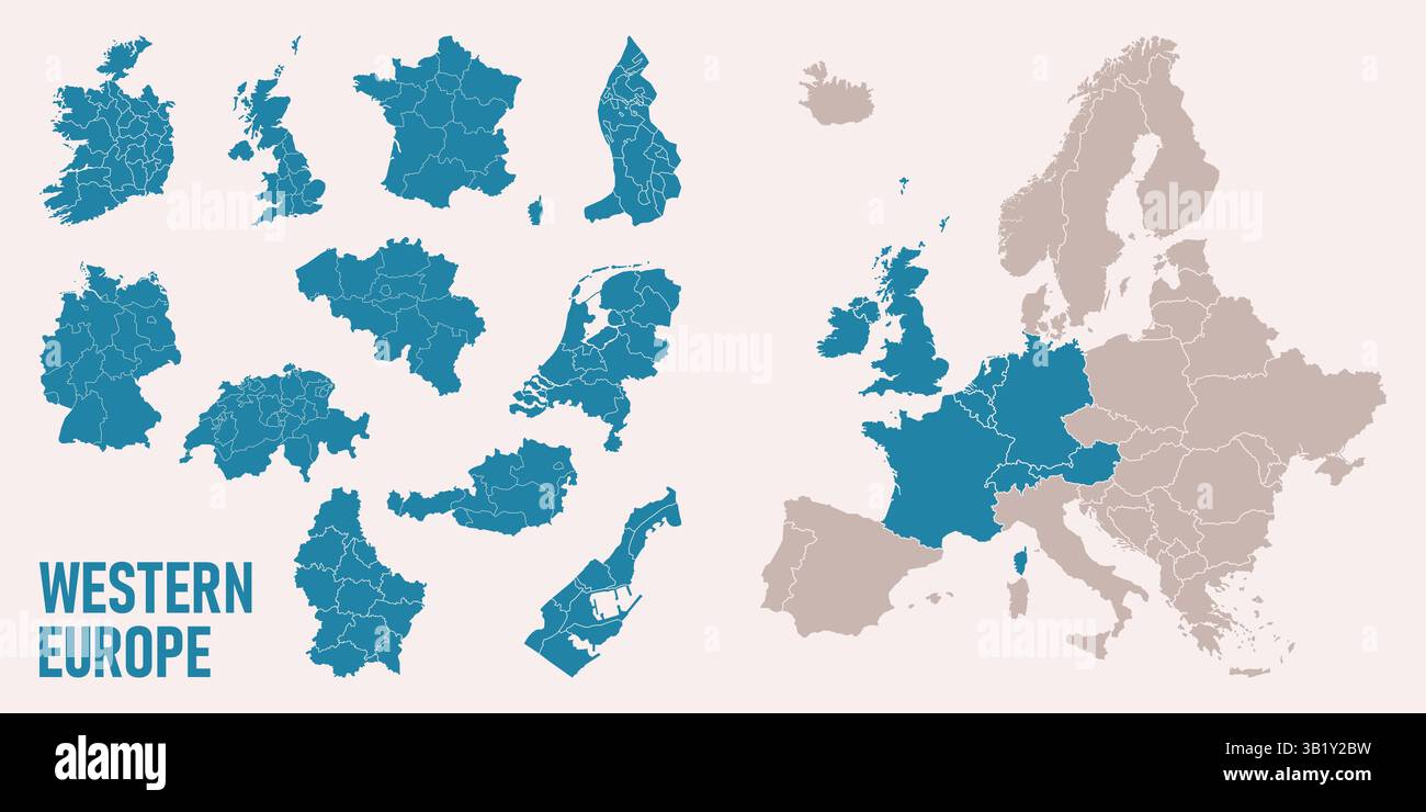 Carte de l'Europe occidentale. Inclut l'Allemagne, les pays-Bas, la Belgique, le Luxembourg, l'Autriche, Suisse, France, Monaco, Liechtenstein, avec division régionale Illustration de Vecteur