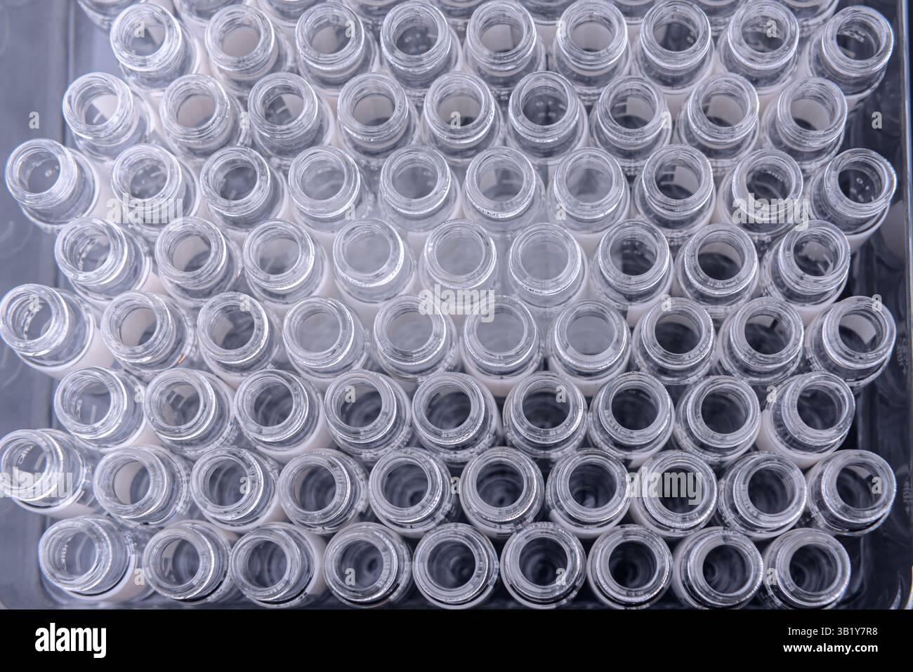 Gros plan, flacons de verre vides dans le laboratoire chimique. Science, médecine, expérimentation, chimie, recherche et concept de soins de santé Banque D'Images