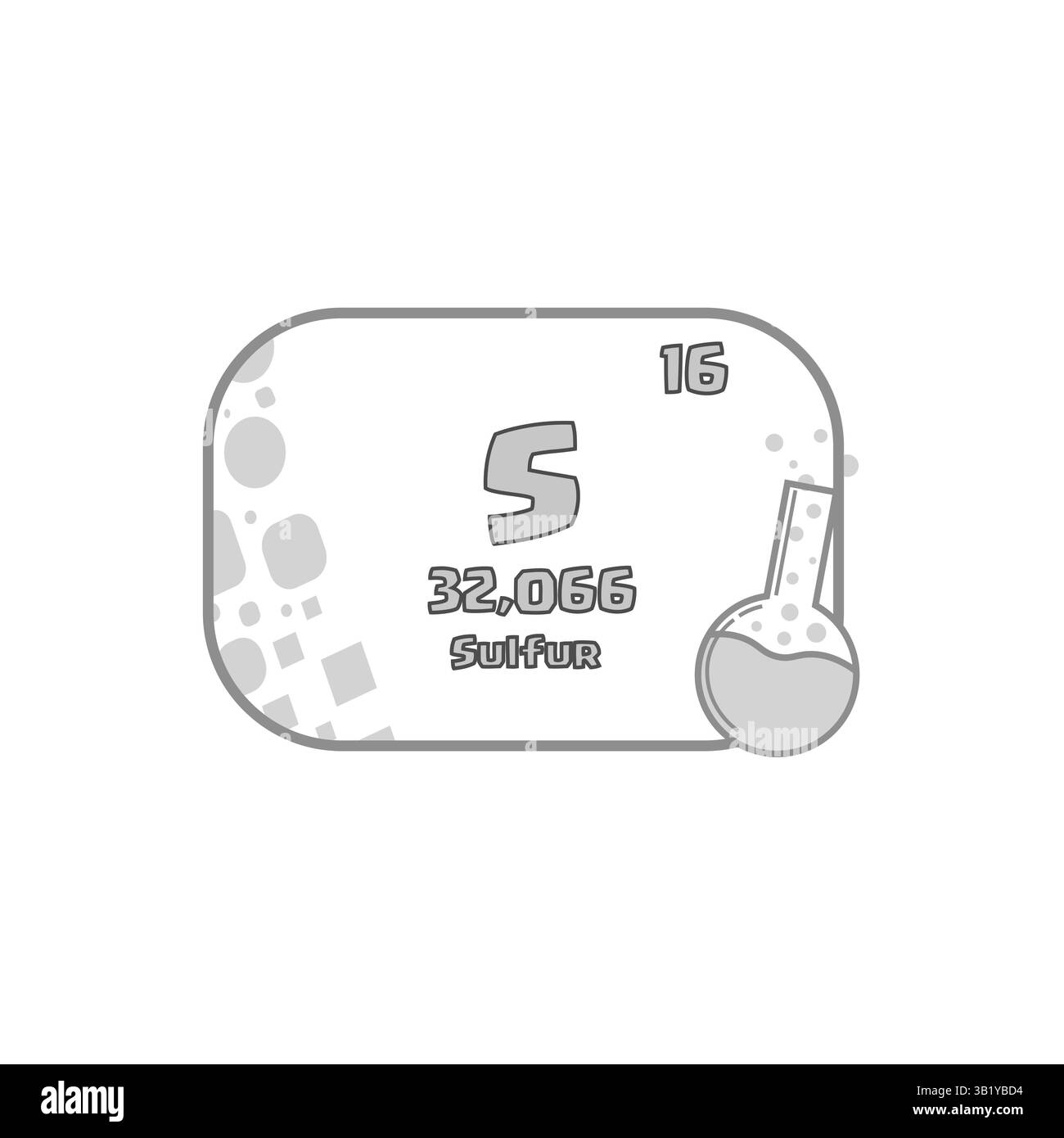Symbole de l'élément soufre. Numéro seize détail. Icône constituant chimique vectoriel. Illustration du flacon gris. Illustration de Vecteur