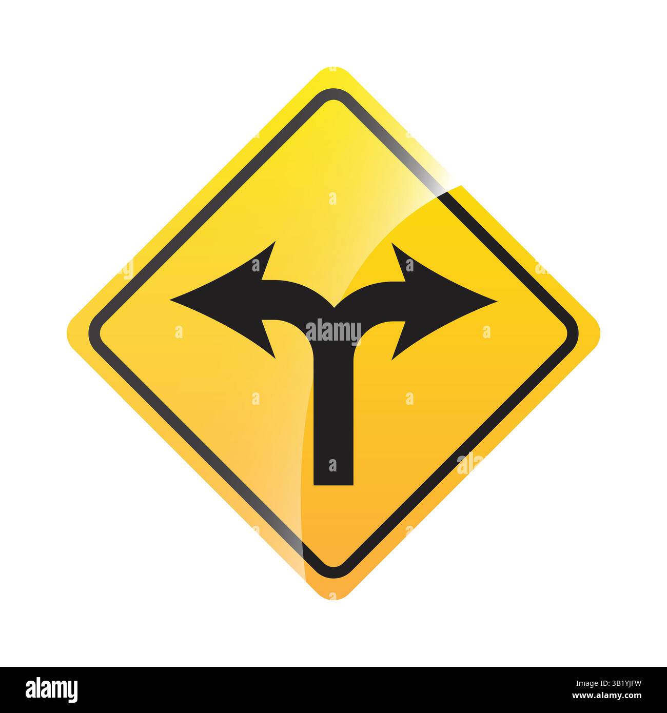 Panneau de séparation de la route – panneau de signalisation jaune diamant avec flèche pointant vers la gauche et la droite, indiquant la division de la route, la fourche dans la route et le choix de direction Illustration de Vecteur