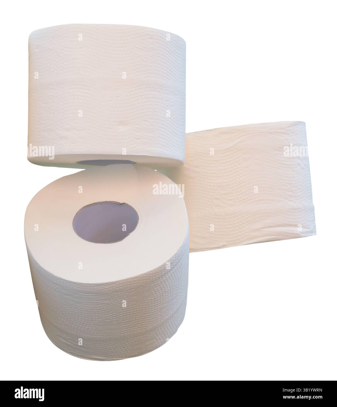 Trois rouleaux de papier de soie blanc ou de papier toilette sont isolés sur fond blanc avec chemin de découpage. Banque D'Images