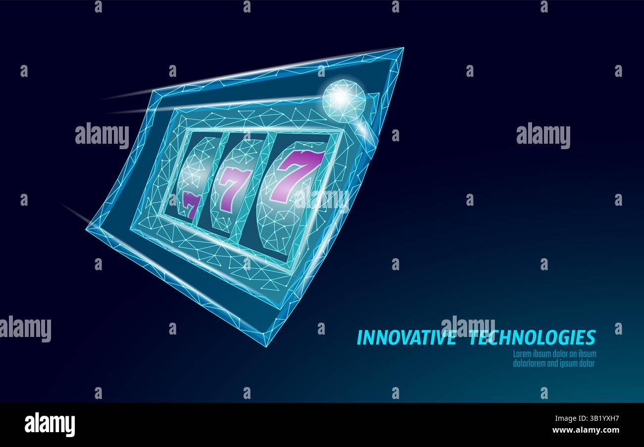 Machine à sous avec sept dans le style numérique. Les fils créent des lignes de points polygonaux. Industrie de jeu et concept de technologie, risque de casino. Bleu Illustration de Vecteur
