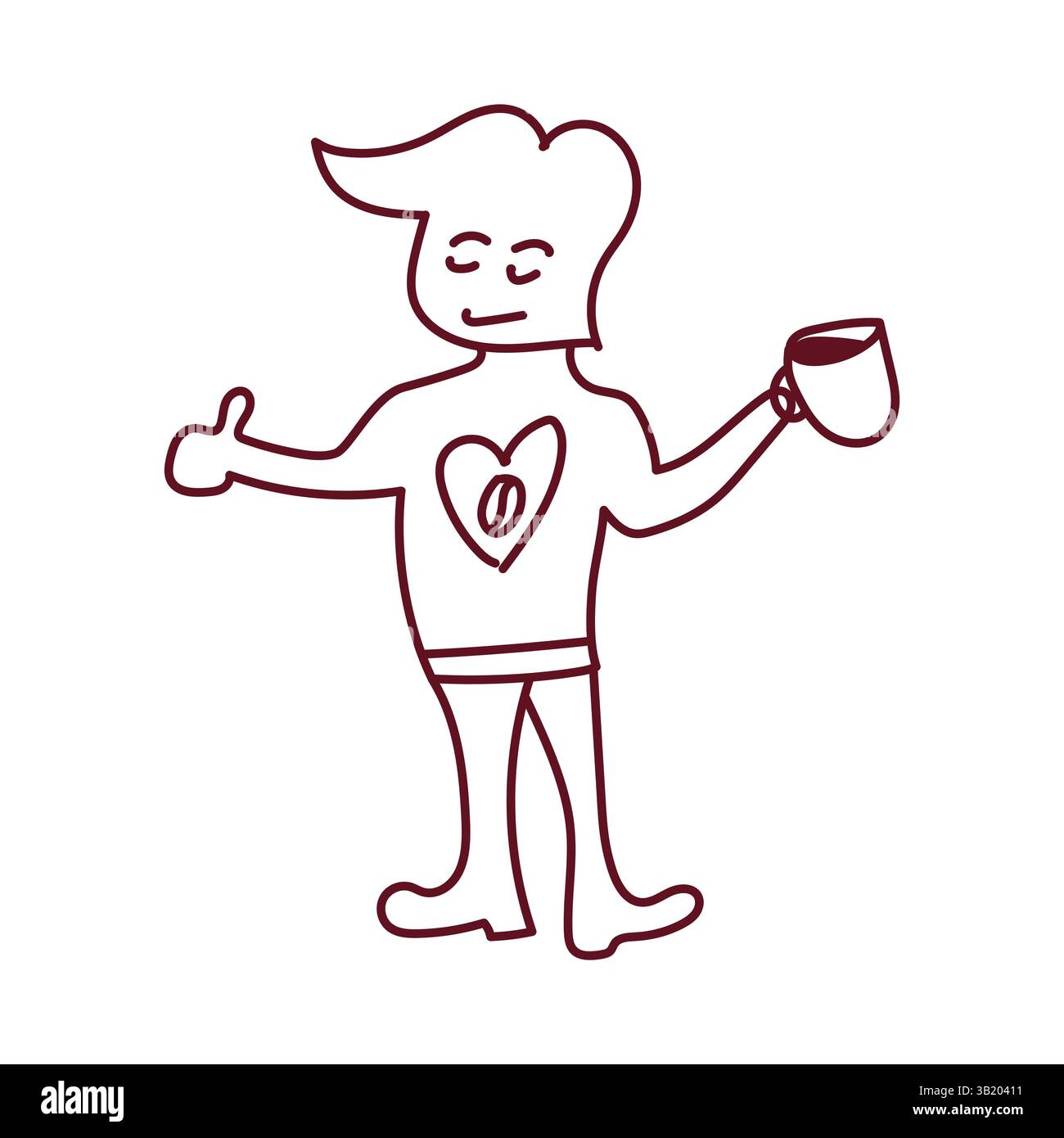 Adorable mascotte homme amoureux du café tenant une tasse vapeur et donnant les pouces pour un bon café, portant un motif de t-shirt coeur et café Bean. Illustration de Vecteur