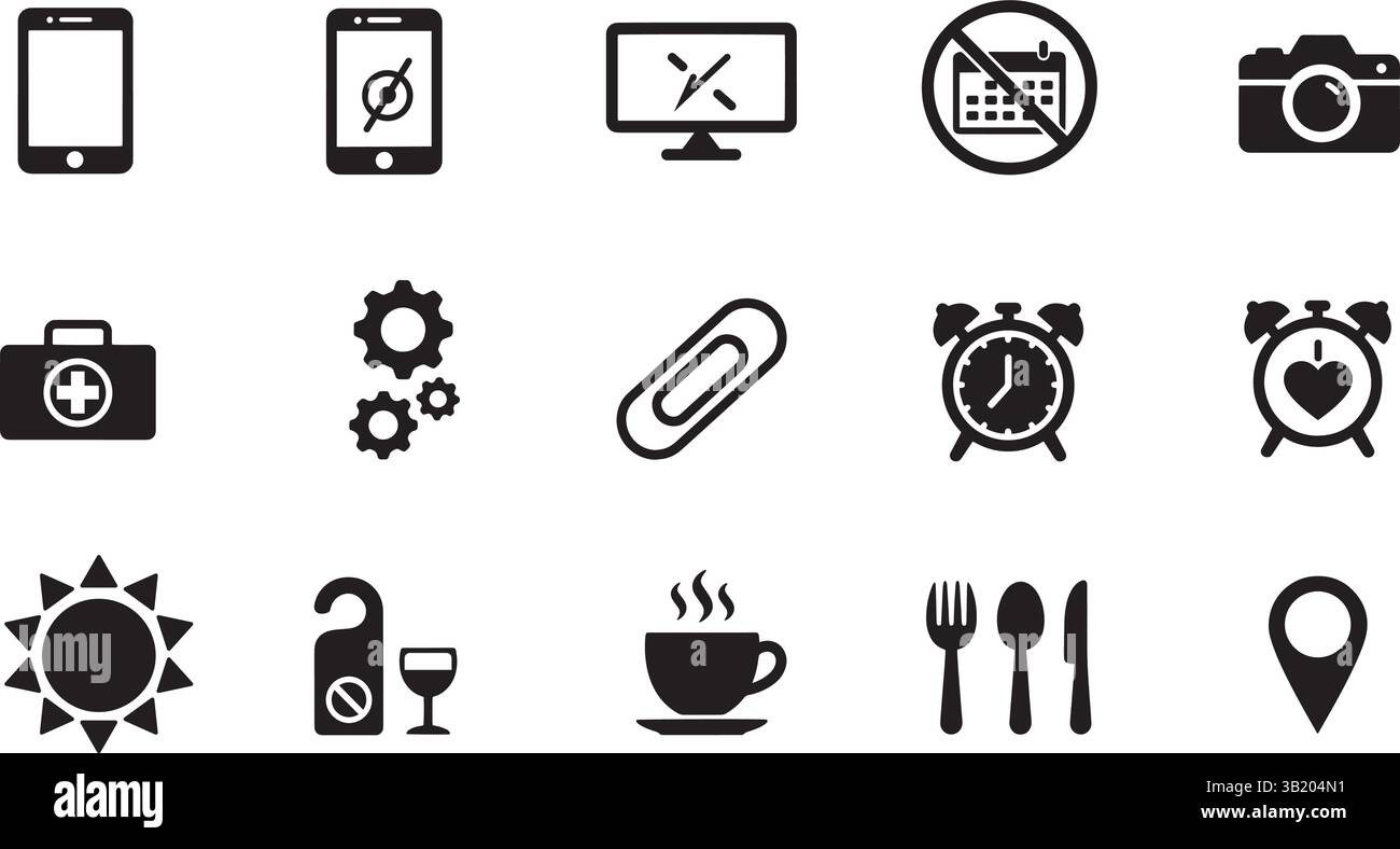 Ensemble d'icônes de silhouette noire, y compris smartphone, réveil, soleil, tasse à café, couverts, kit médical, engrenages et goupille de positionnement Illustration de Vecteur