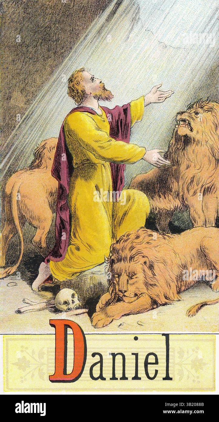 Illustration victorienne vintage en couleurs bibliques de Daniel dans la tanière des lions. Banque D'Images
