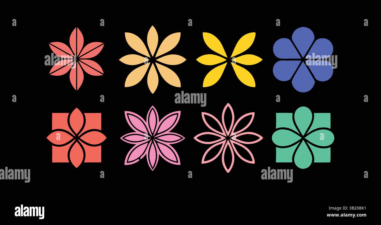 Ensemble de fleurs géométriques vibrantes : graphiques vectoriels floraux modernes pour les projets de conception créative abstrait, décoratif, coloré Illustration de Vecteur