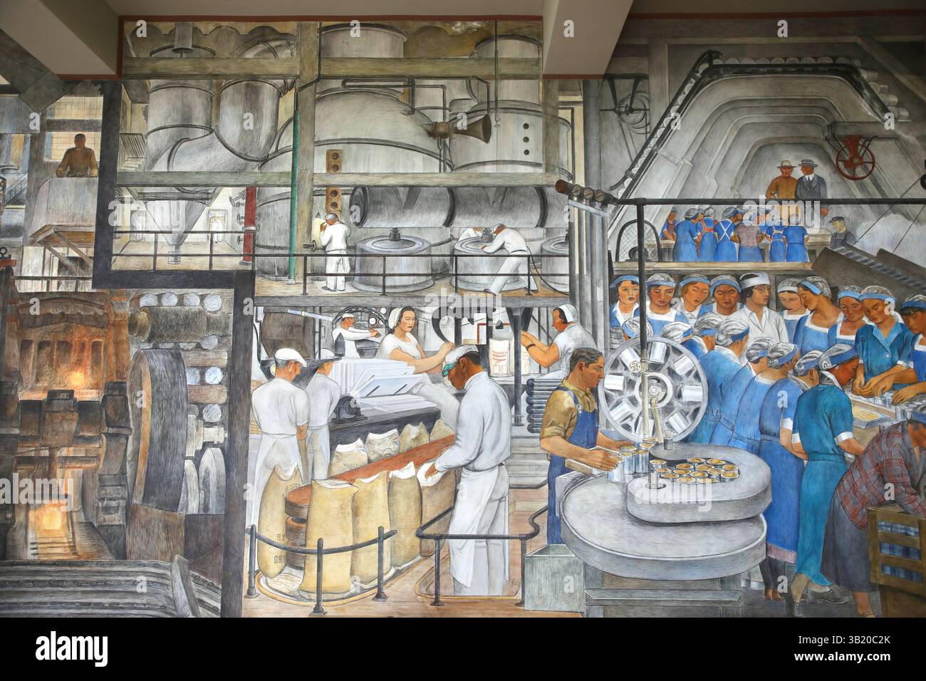 San Francisco, États-Unis. 16 avril 2025. 'The Industries of California' une murale de Ralph Stackpole, dans Coit Tower, San Francisco, Californie, États-Unis, est illustré. Les fresques de la tour ont été peintes par vingt-cinq artistes supervisés par Victor Arnautoff, muraliste formé par Diego Rivera. Crédit : SOPA images Limited/Alamy Live News Banque D'Images