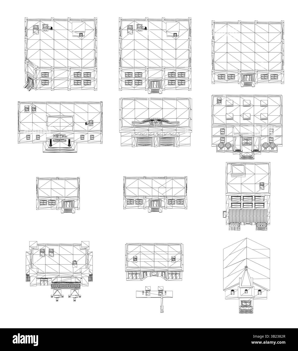 Une série de dessins de bâtiments avec un fond blanc. Les dessins sont de tailles et de styles différents, mais tous ont un thème similaire d'architectur Illustration de Vecteur