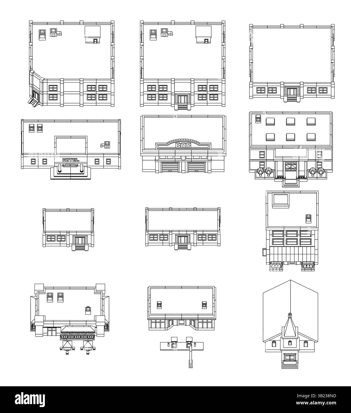 L'image est une collection de différents plans d'étage de maisons. Chaque plan d'étage est dessiné en noir et blanc, avec des tailles et des styles variables. La scène en est une Illustration de Vecteur