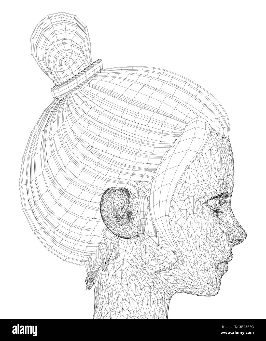 La tête d'une femme avec un chignon dessus. Le petit pain est attaché avec une cravate de cheveux. Vue latérale Illustration de Vecteur