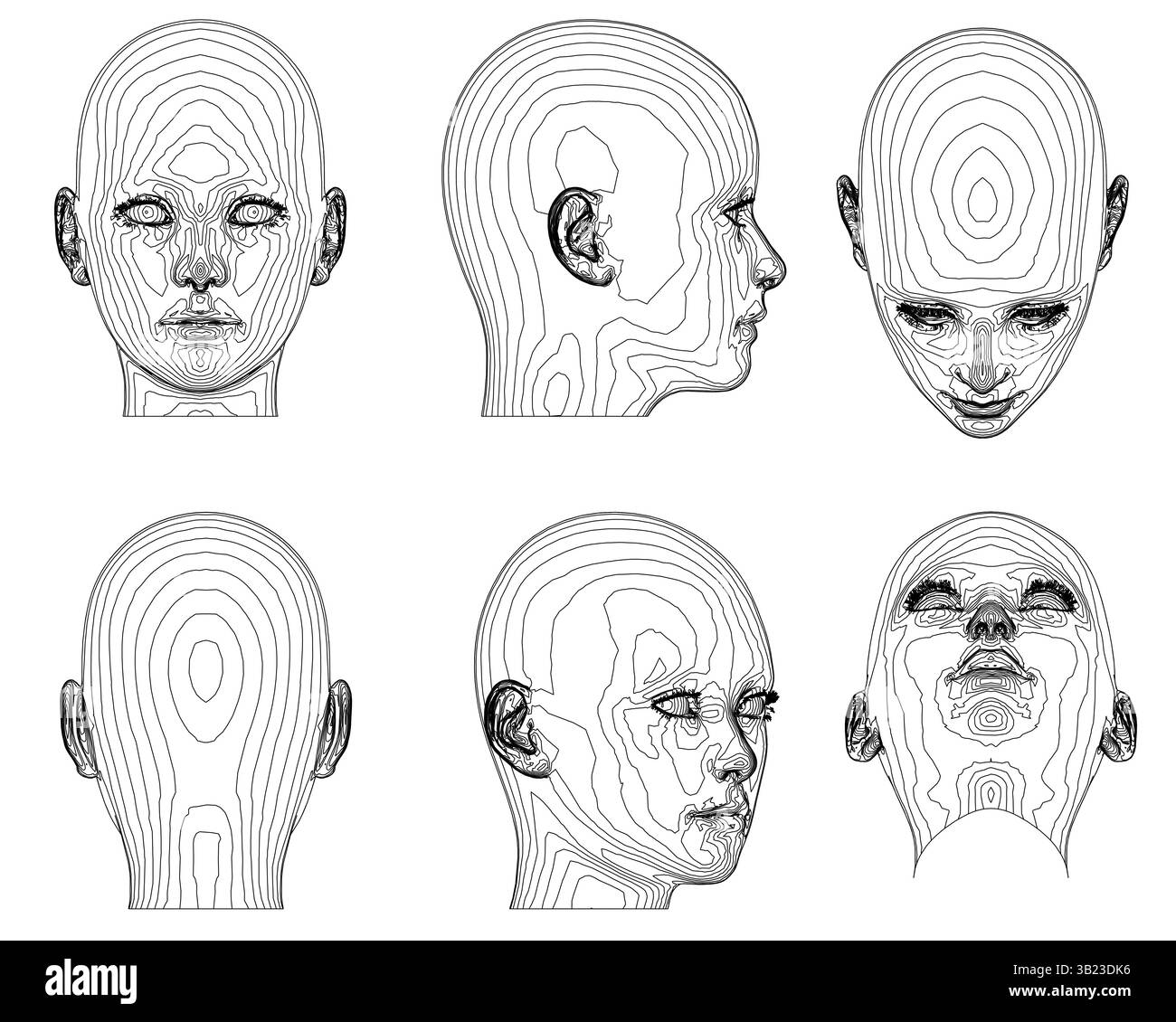 L'image est une série de six dessins de têtes humaines. Les dessins sont tous en noir et blanc, et ils ont tous la même forme de base et les mêmes caractéristiques, telles que Illustration de Vecteur