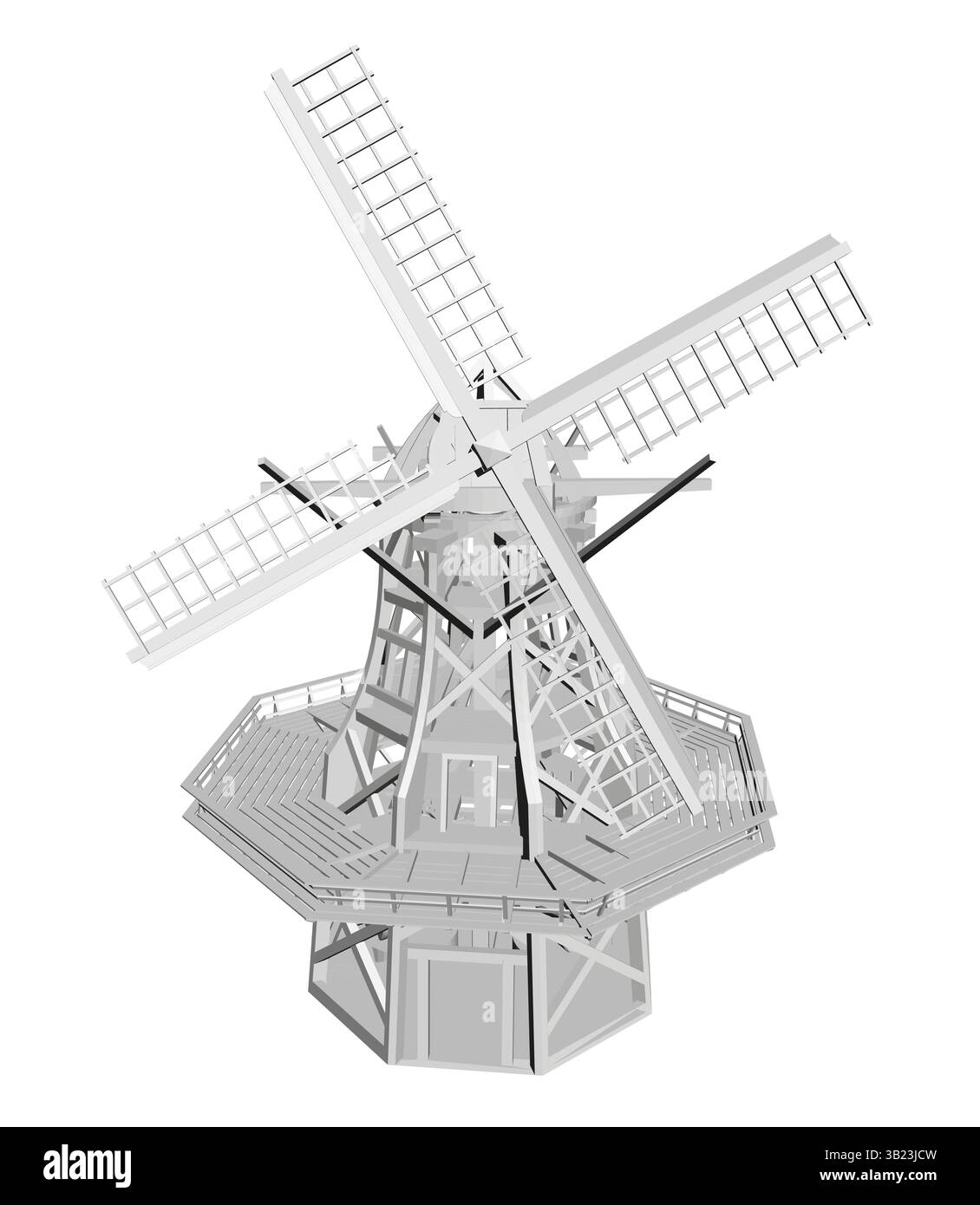 Un moulin à vent est représenté dans un schéma de couleurs blanc et noir. Le moulin à vent est une structure haute avec une grande voile à quatre côtés. Concept de force et STAB Illustration de Vecteur