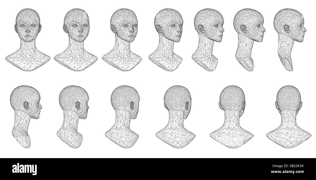 Une série de filaires noir et blanc de têtes. Les illustrations sont toutes de la même personne, mais les têtes sont de tailles et d'angles différents. Les têtes a Illustration de Vecteur