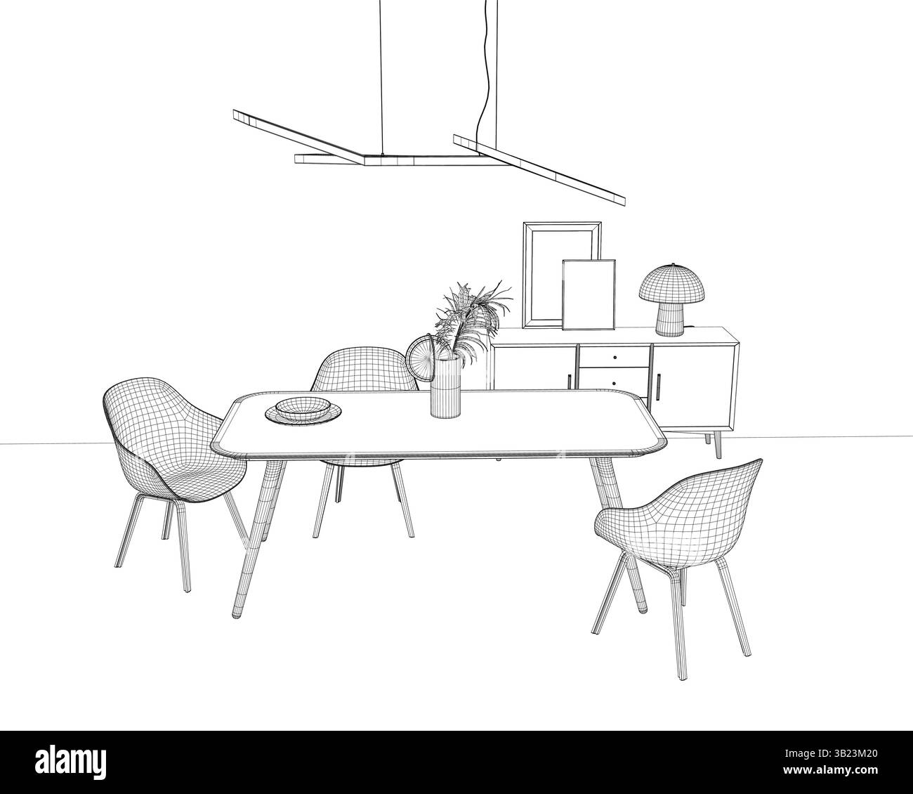Une table blanche avec un vase de fleurs dessus et deux chaises. Les chaises sont placées devant la table Illustration de Vecteur