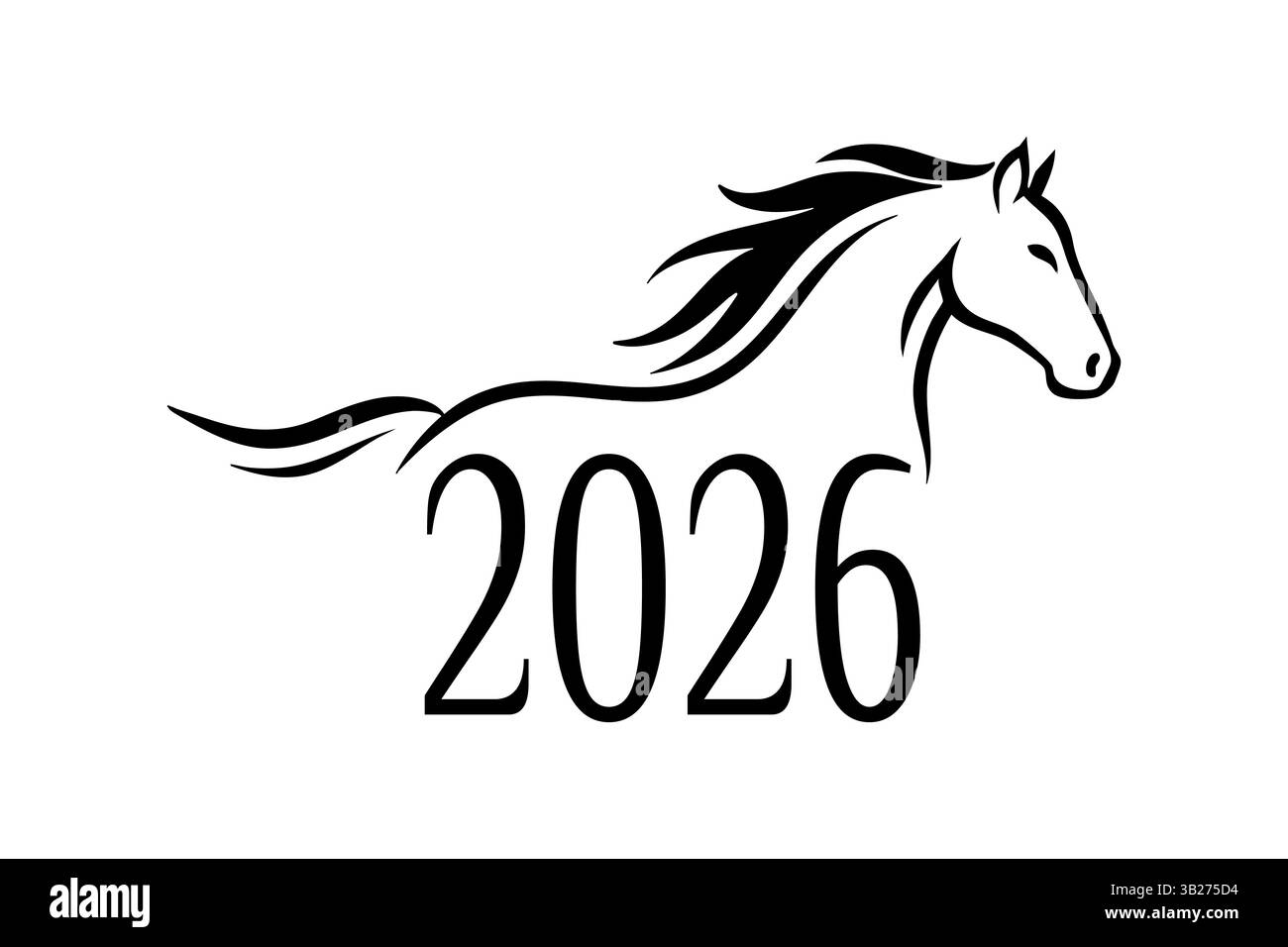 Motif cheval minimaliste noir et blanc avec crinière coulante représentant la célébration de l'année du cheval du zodiaque chinois 2026. Illustration de Vecteur
