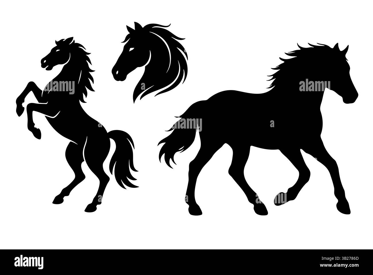 Collection de silhouettes de chevaux noirs représentant la force et l'esprit, conçue pour les célébrations du nouvel an chinois et du zodiaque 2026. Illustration de Vecteur