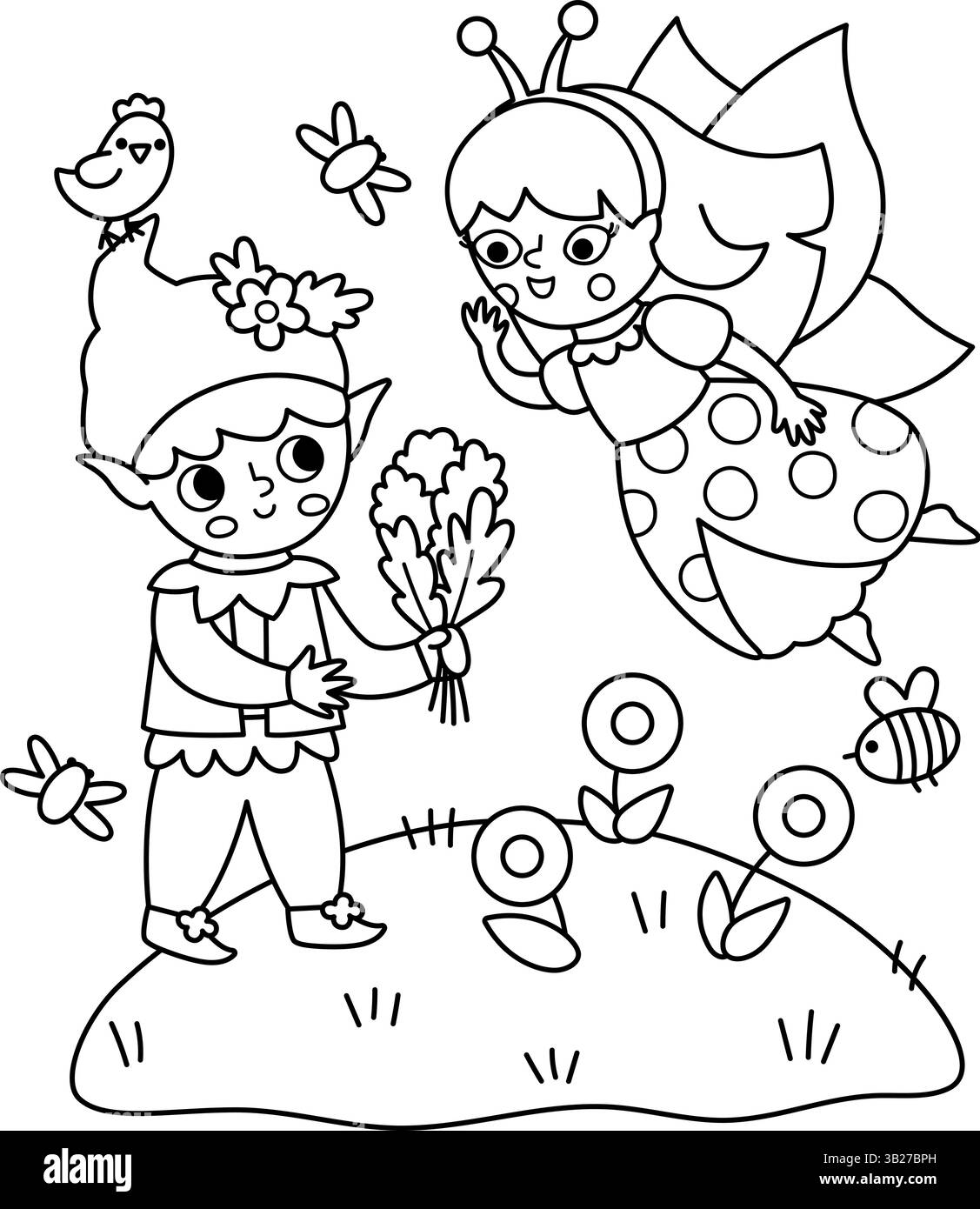 Vecteur scène noir et blanc avec elfe donnant un bouquet de fée bug. Composition drôle de ligne avec fille. Paysage mignon avec princesse magique, prairie, fleur. Illustration de Vecteur