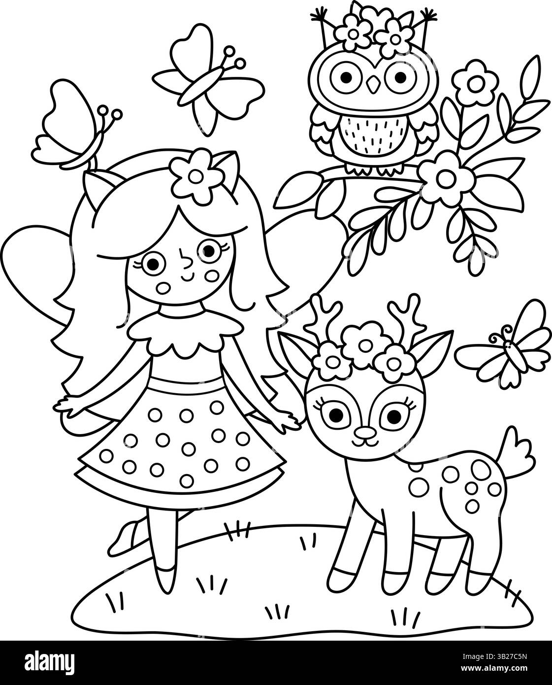 Scène de vecteur noir et blanc avec fée animale, hibou, cerf, papillon. Composition de ligne avec fille. Paysage mignon avec princesse magique avec prairie. Fantas Illustration de Vecteur