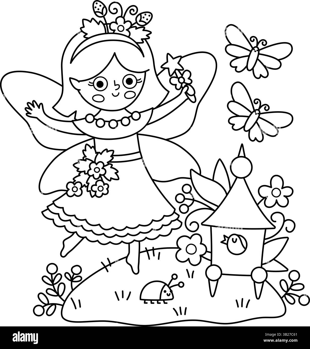 Scène de vecteur noir et blanc avec fée de baies, papillon, maison d'oiseaux. Composition de ligne avec fille. Paysage mignon avec princesse magique avec prairie. Fantas Illustration de Vecteur