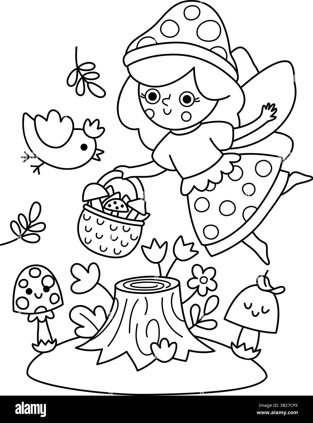 Scène de vecteur noir et blanc avec fée aux champignons, panier, oiseau, souche. Composition de ligne avec fille. Paysage mignon avec princesse magique avec prairie. Fanta Illustration de Vecteur